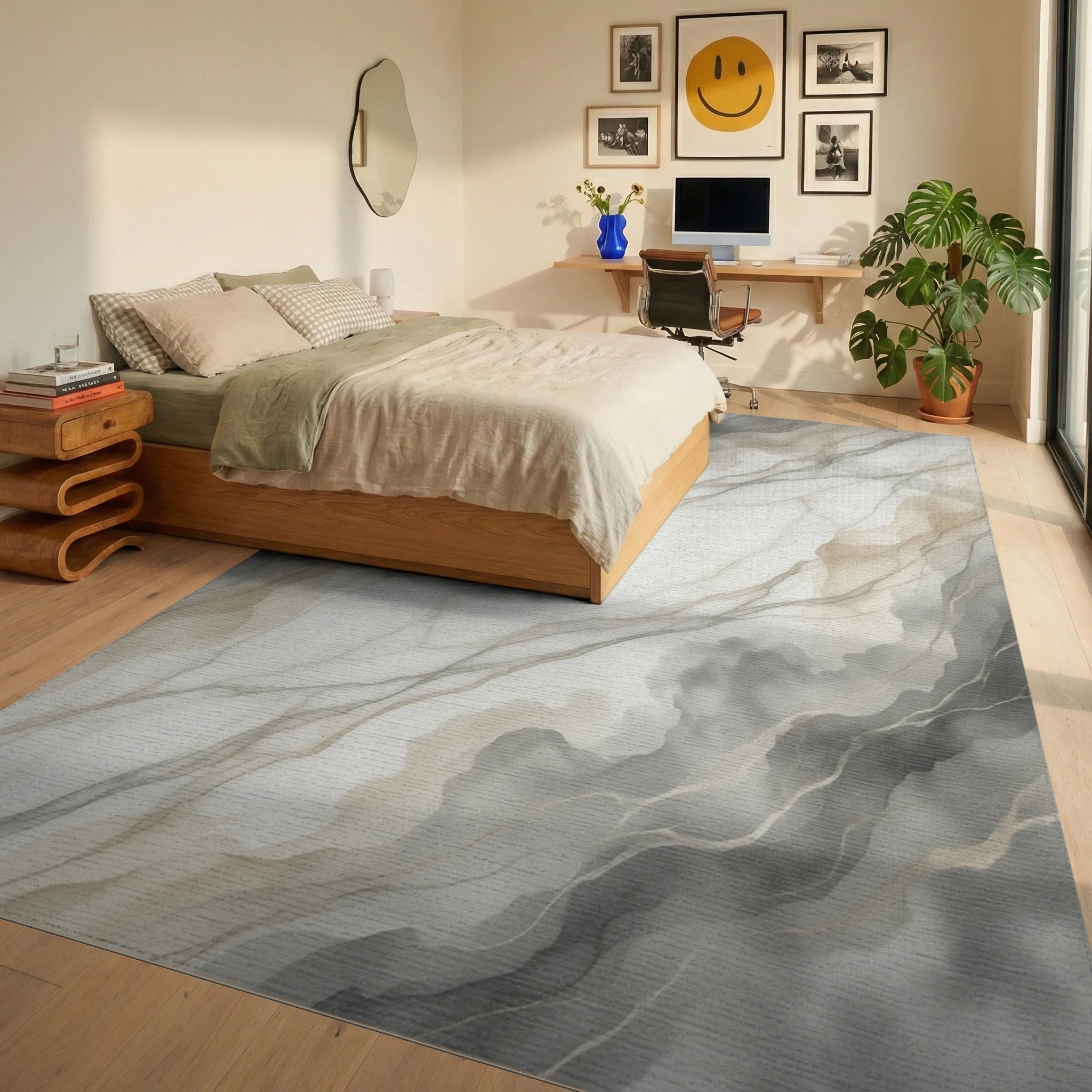 White Gray Beige Rug - bedroom