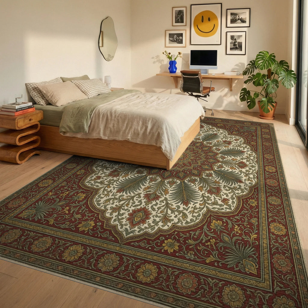 Vintage Red Yellow Rug - bedroom
