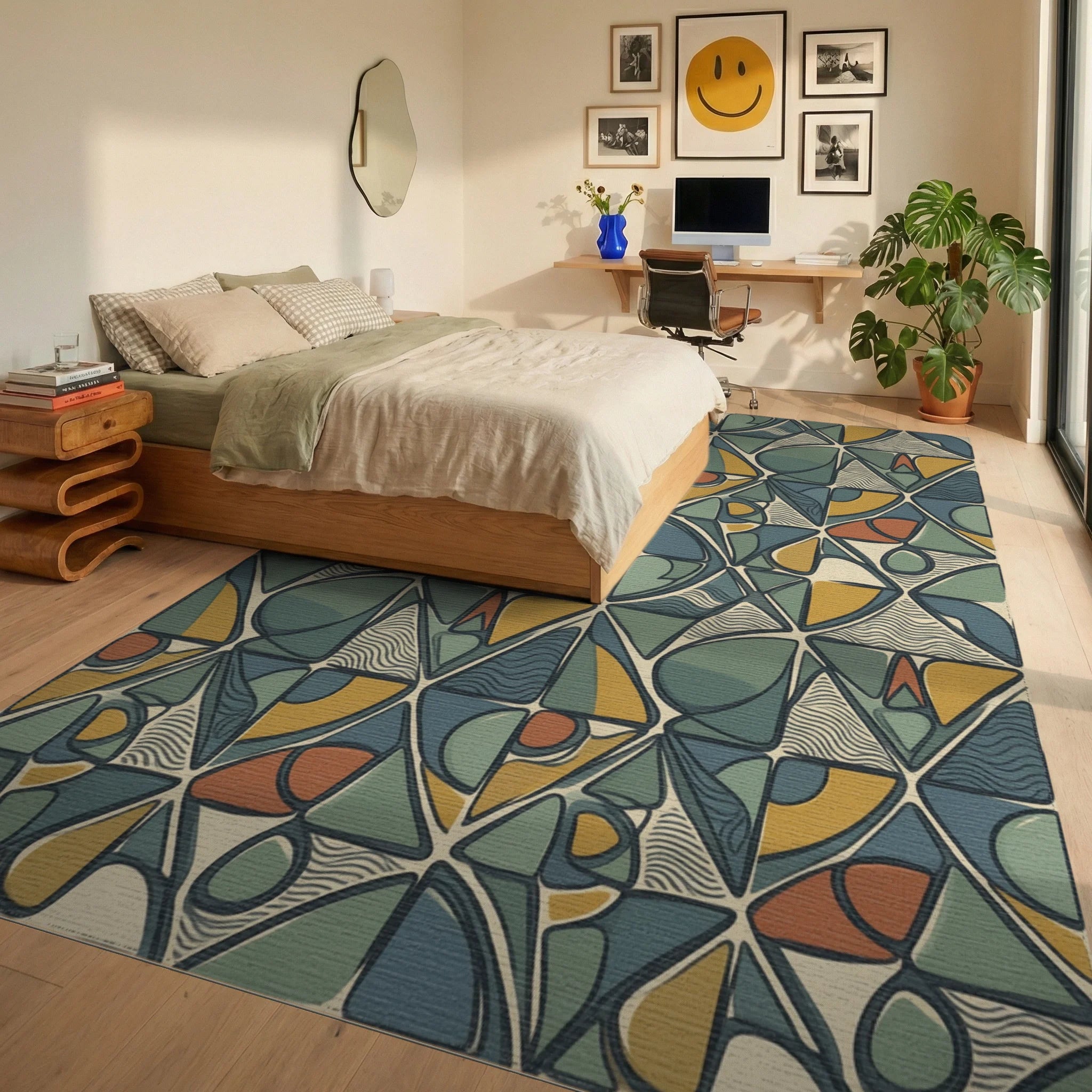 Green Blue Yellow Rug - bedroom
