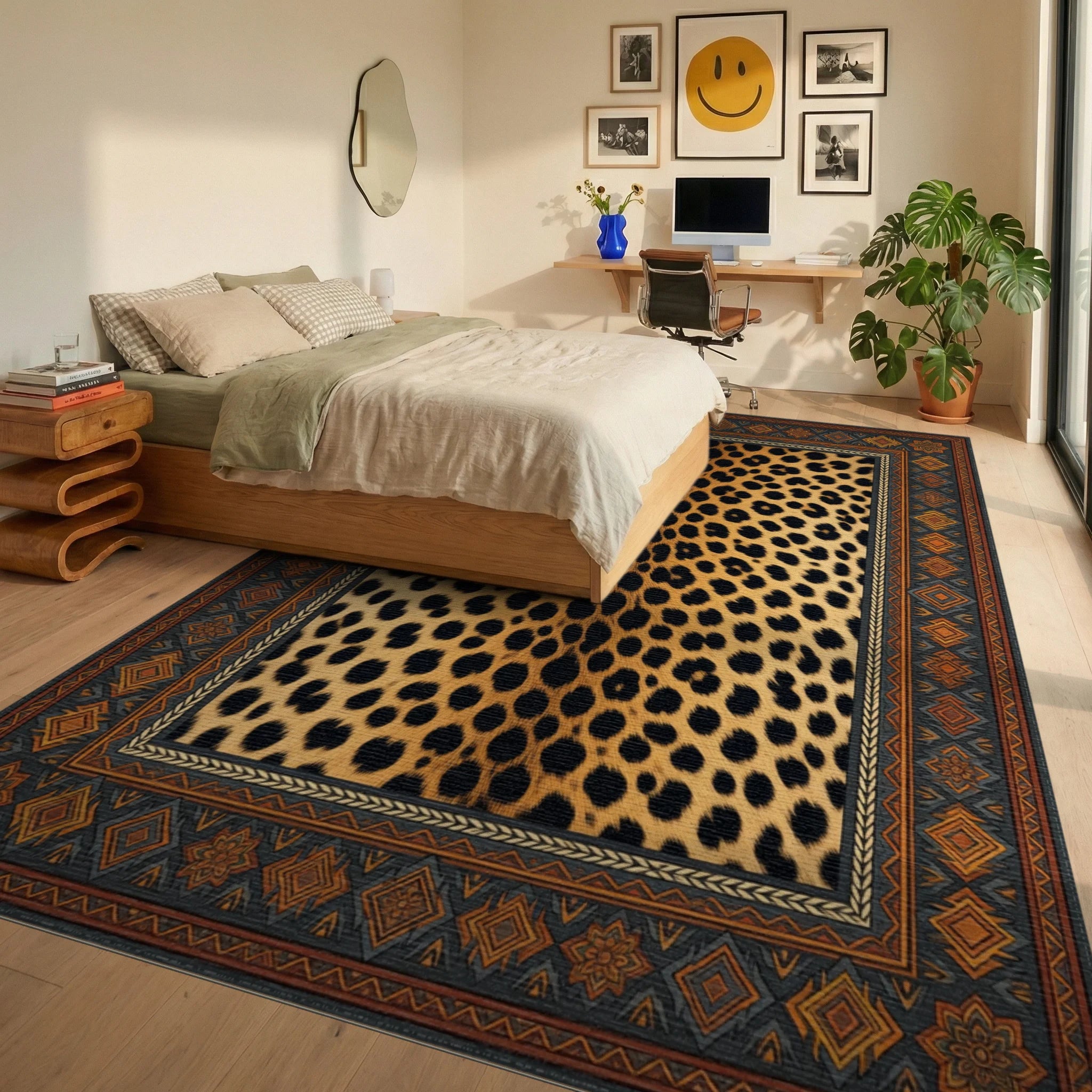 Black Beige Orange Rug - bedroom
