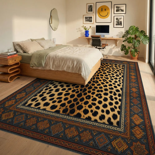Black Beige Orange Rug - bedroom