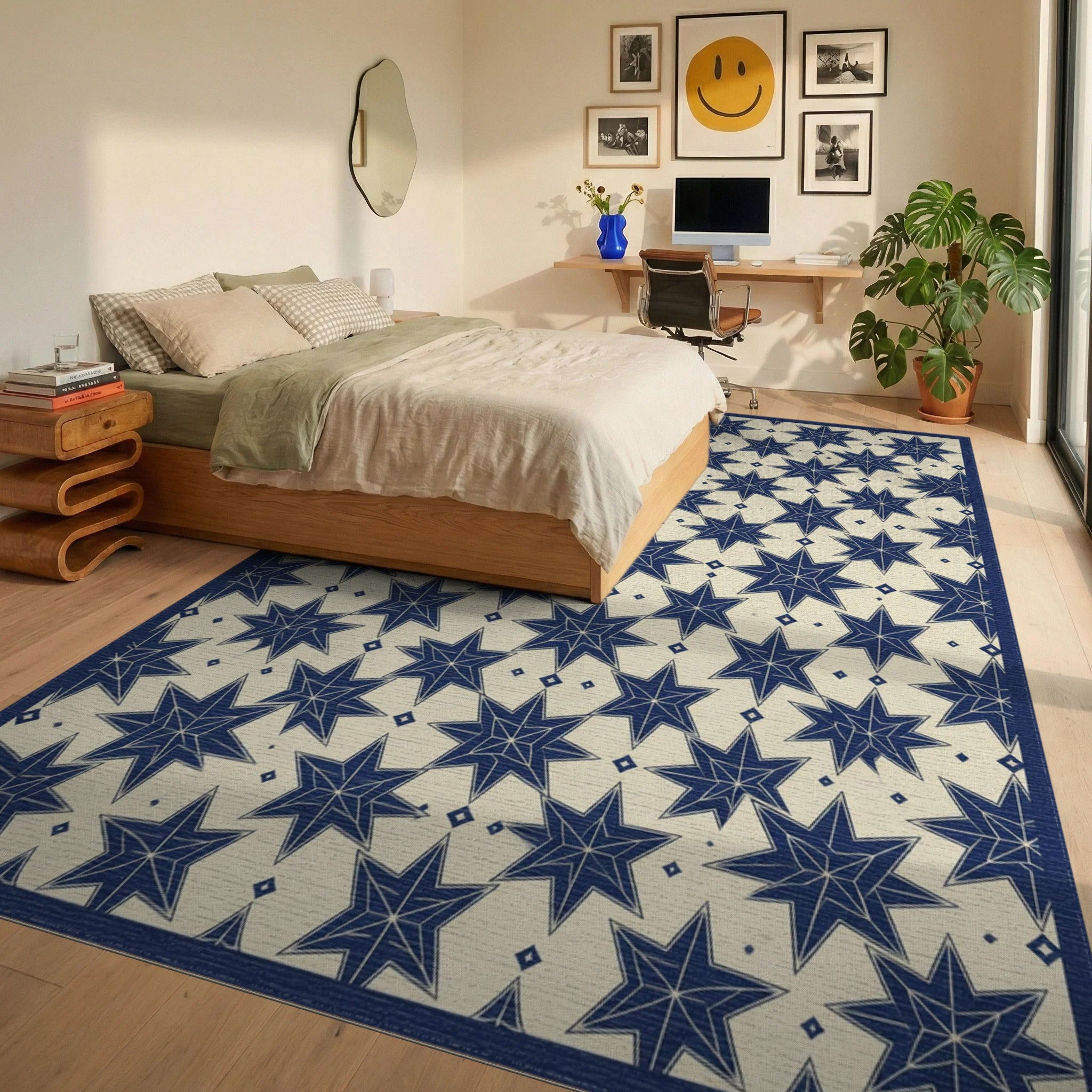 Indigo Blue Cream Rug - bedroom