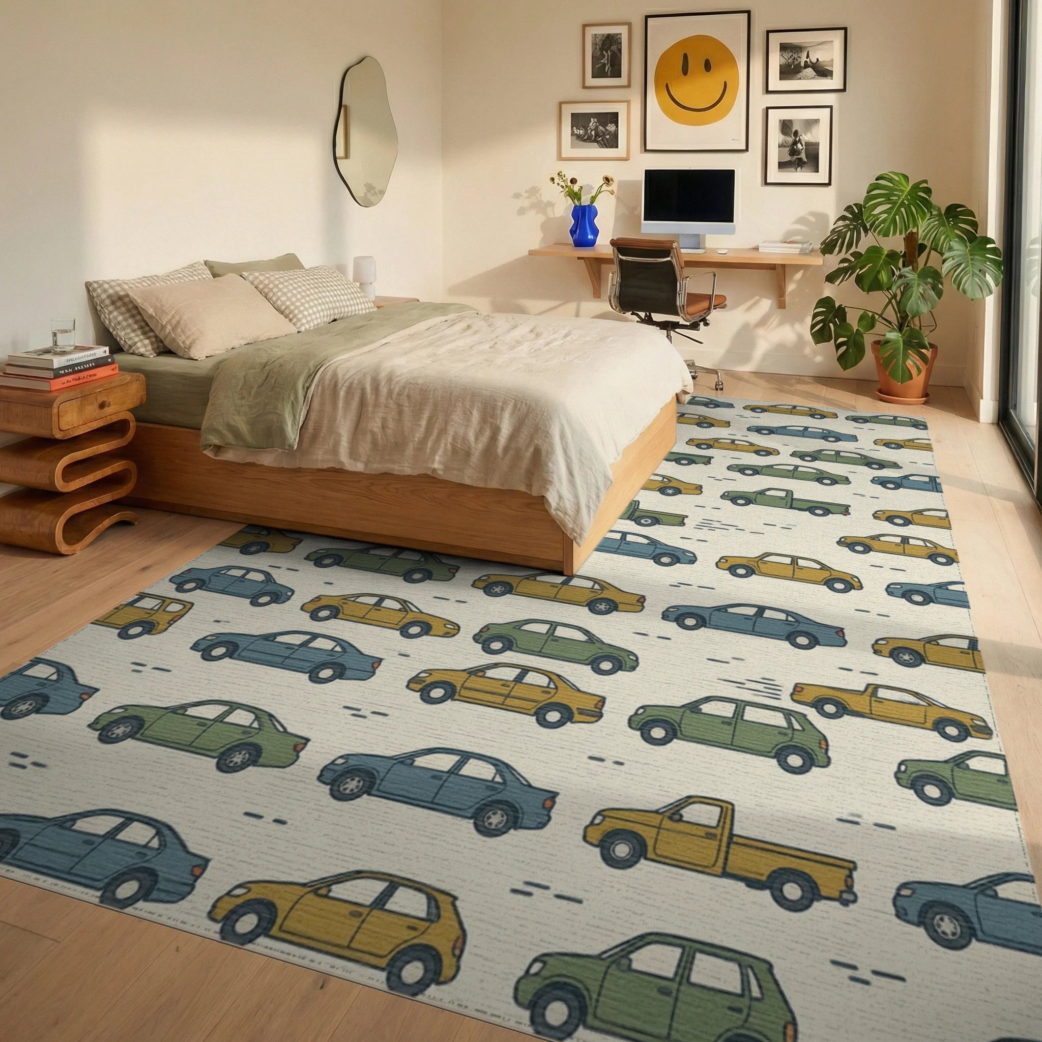 Minimalist Automotive Silhouette Cream Area Rug - bedroom