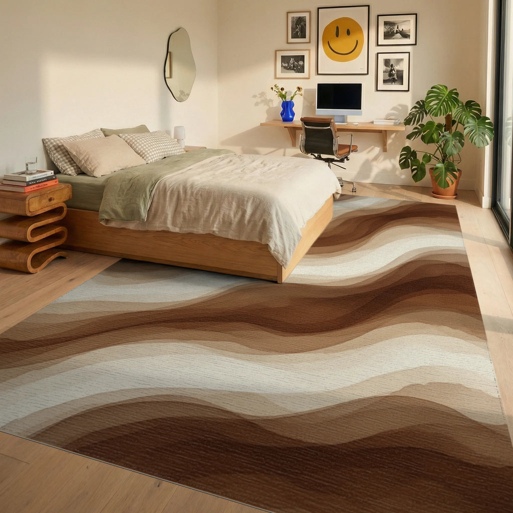 Brown White Cream Rug - bedroom