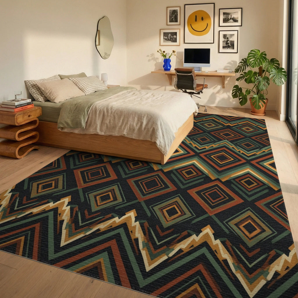 Green Cream Geometric Rug - bedroom