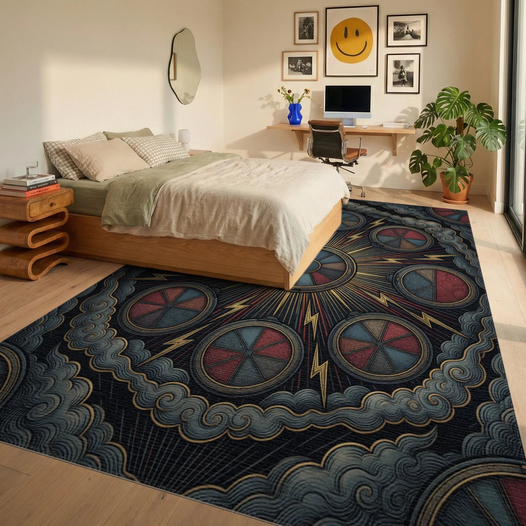 Crimson Medallion Sunburst Graphic Rug - bedroom