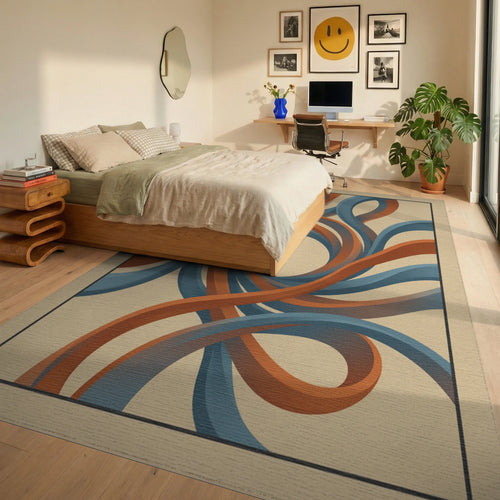Beige Orange Blue Rug - bedroom