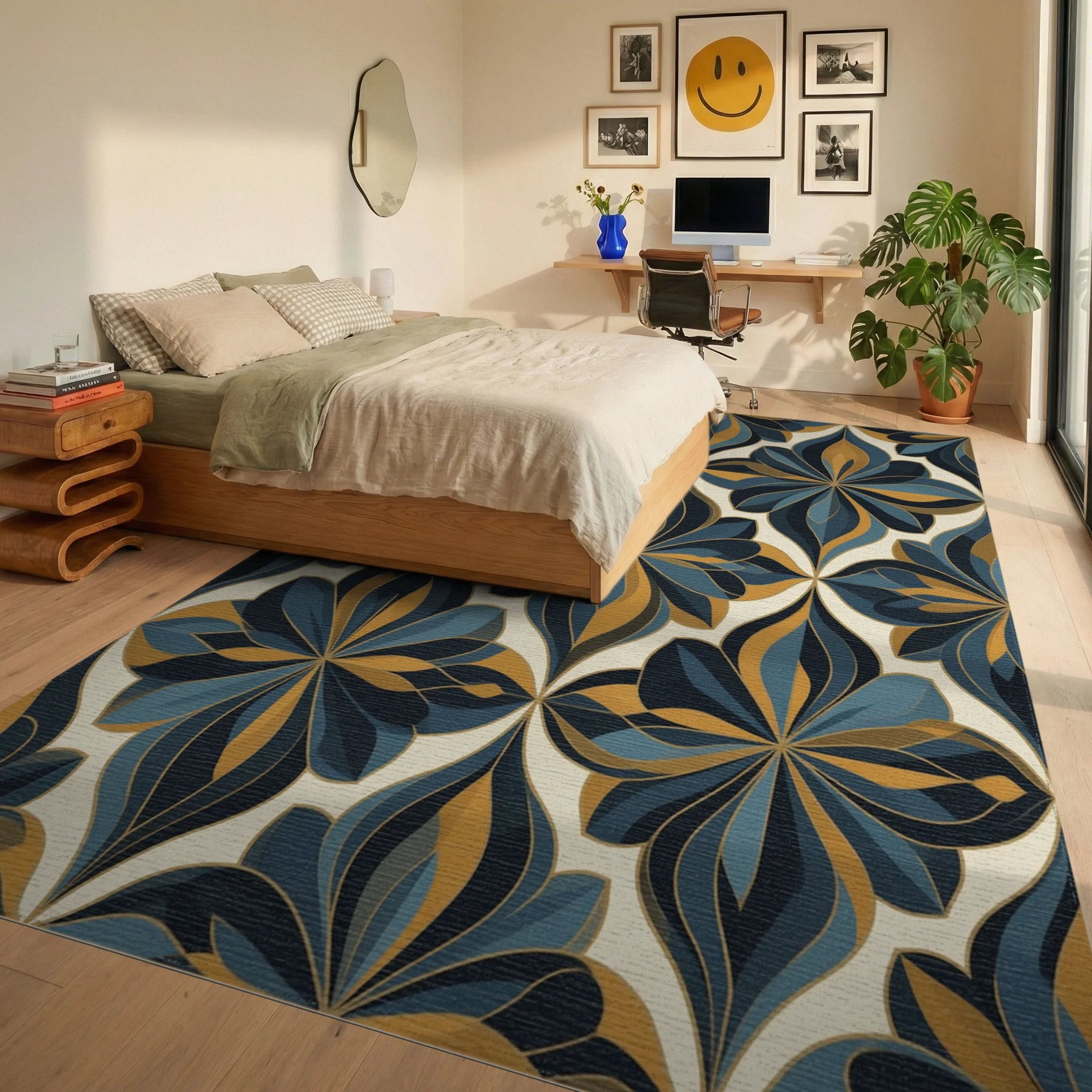 Abstract Organic Geometric Ochre Rug - bedroom