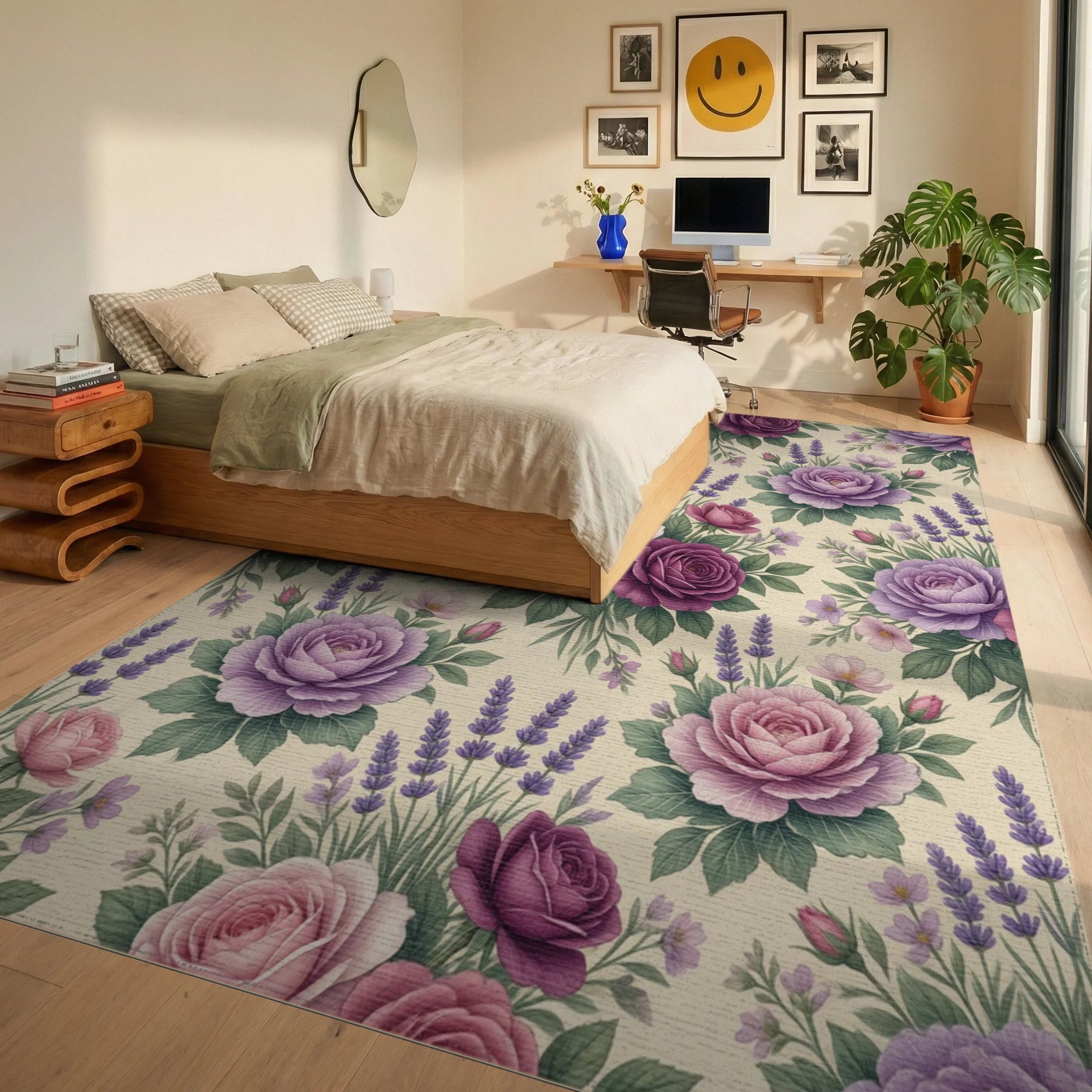 Floral Lavender White Rug - bedroom