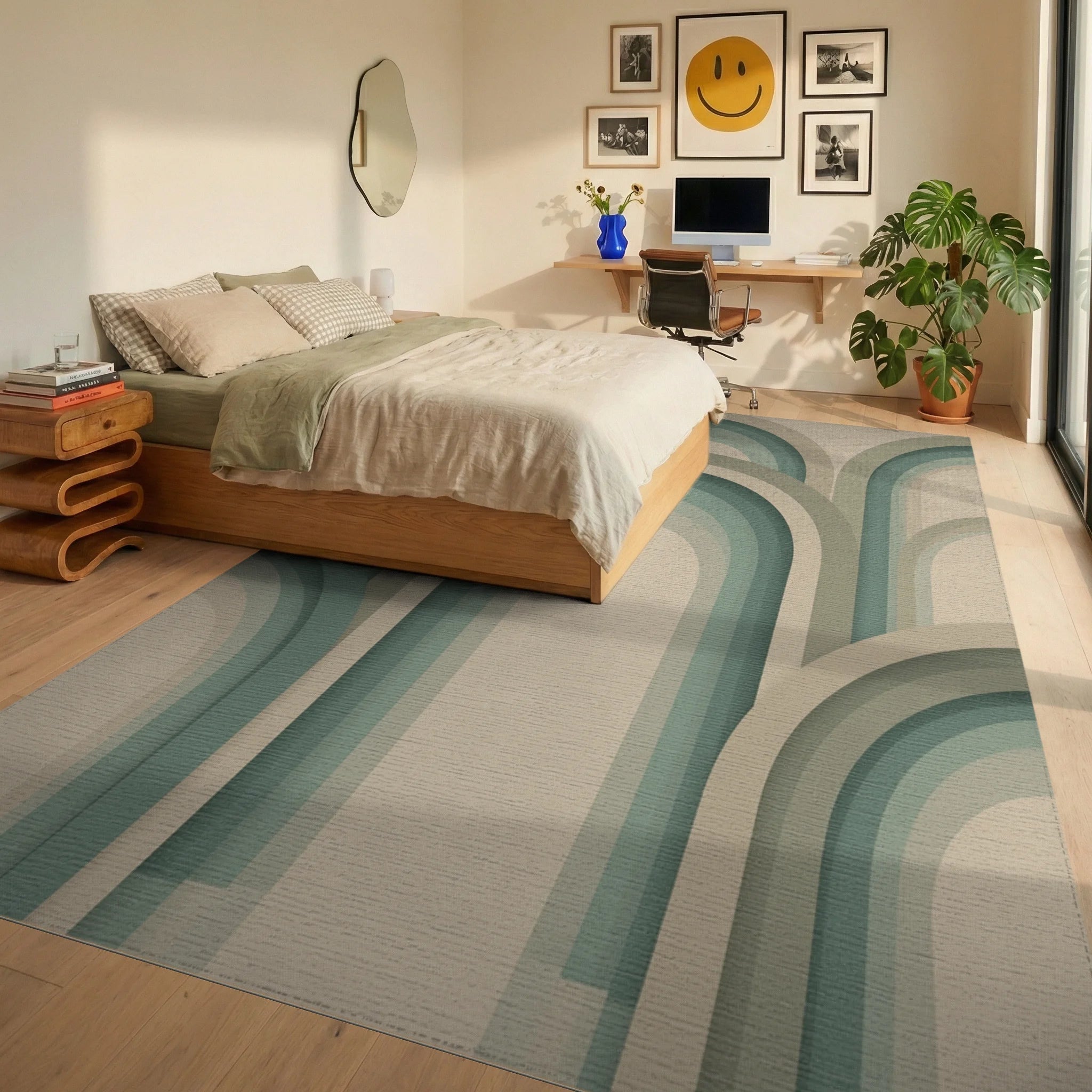 Beige Green Geometric Rug - bedroom