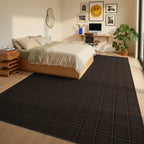 Minimalist Espresso Brown Geometric Grid Rug - bedroom