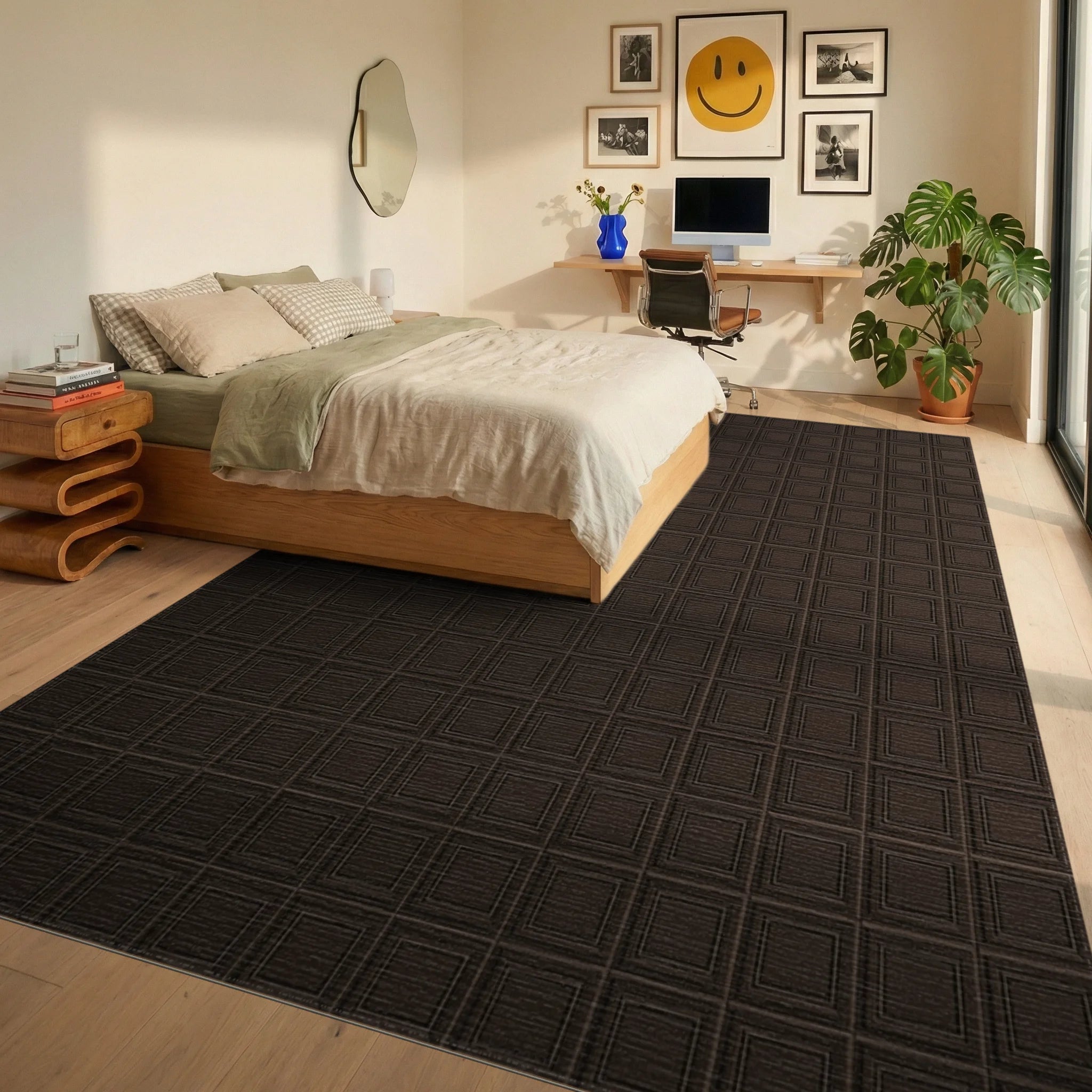 Minimalist Espresso Brown Geometric Grid Rug - bedroom