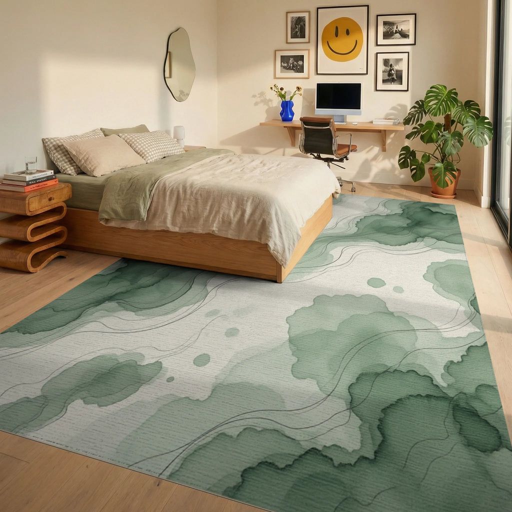 Green Cream Layers Rug - bedroom