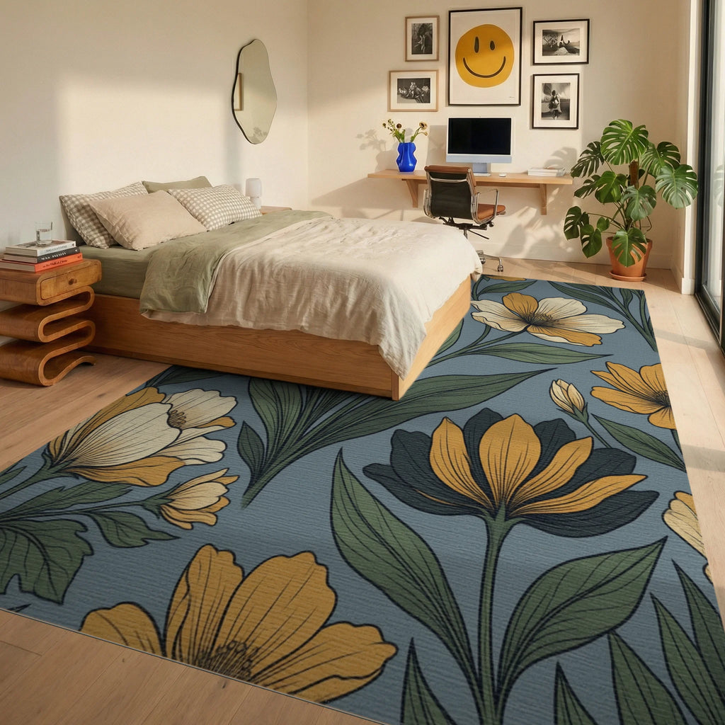 Minimalist Botanical Slate Blue Area Rug - bedroom