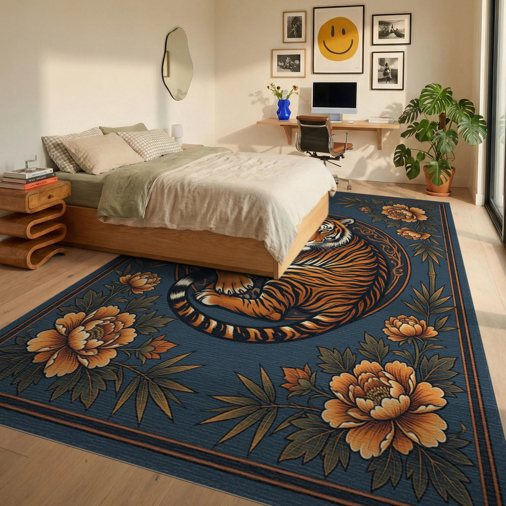 Tiger Medallion Folk Art Rug - bedroom