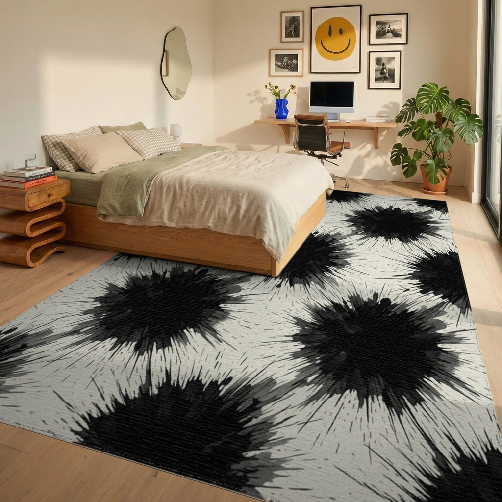 White Black Abstract Rug - bedroom