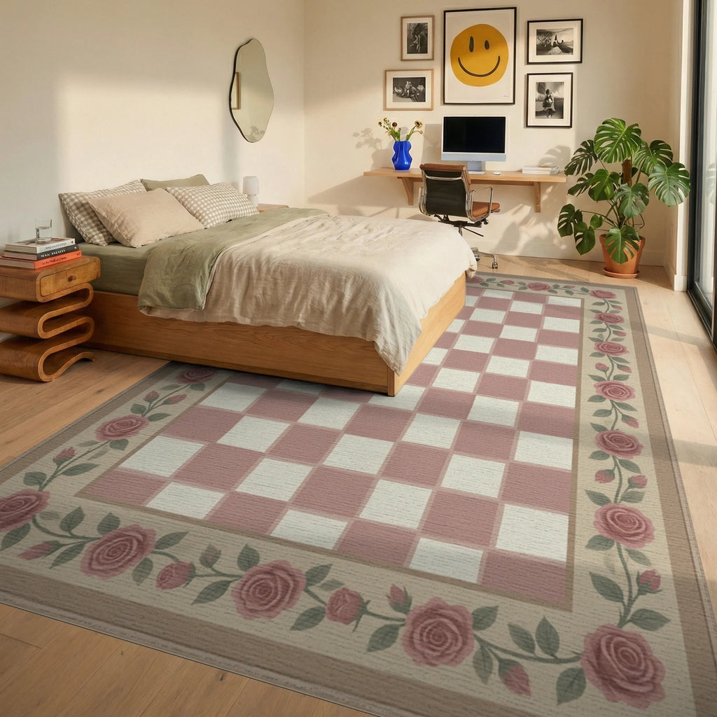 White Beige Green Rug - bedroom