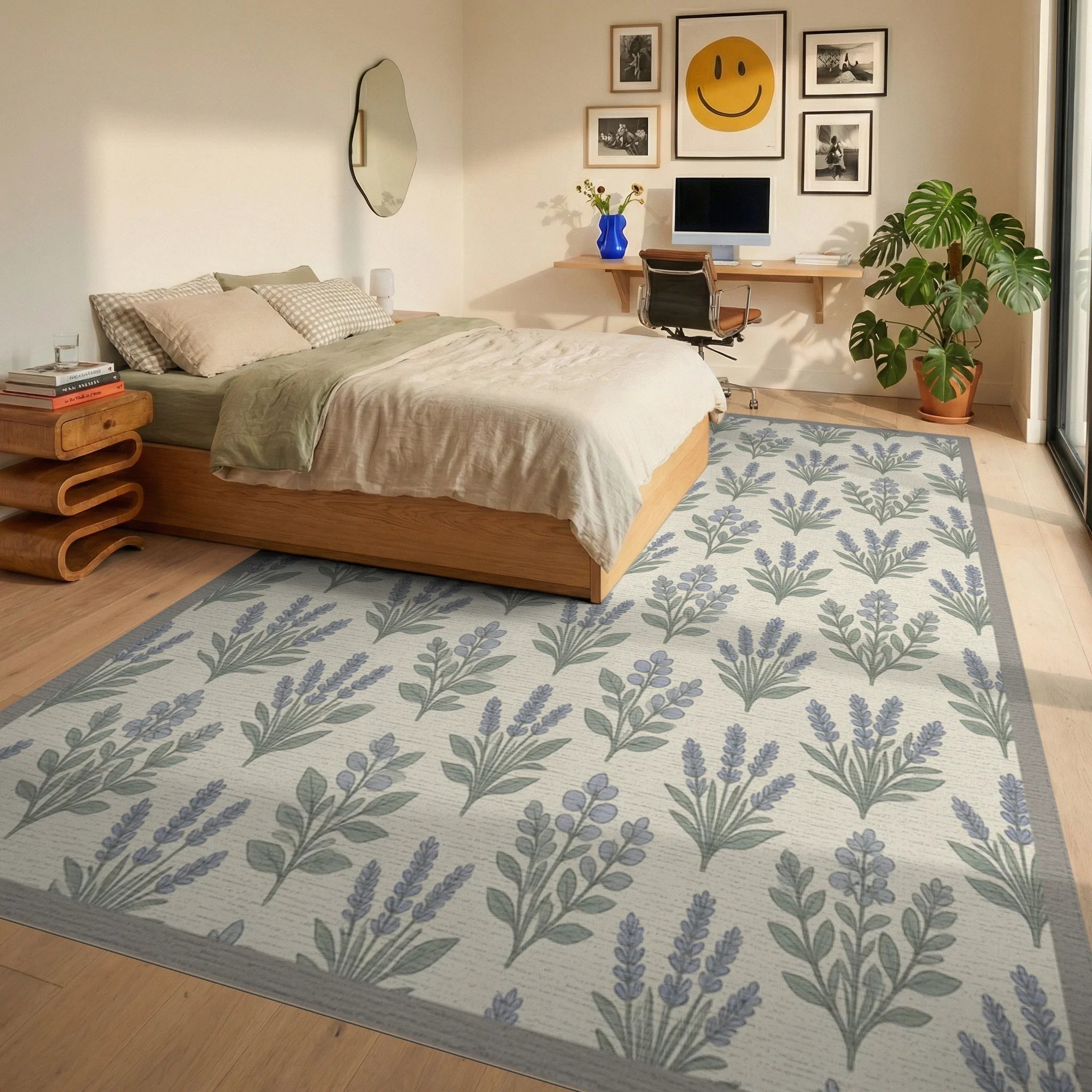 Lavender Cream Green Rug - bedroom