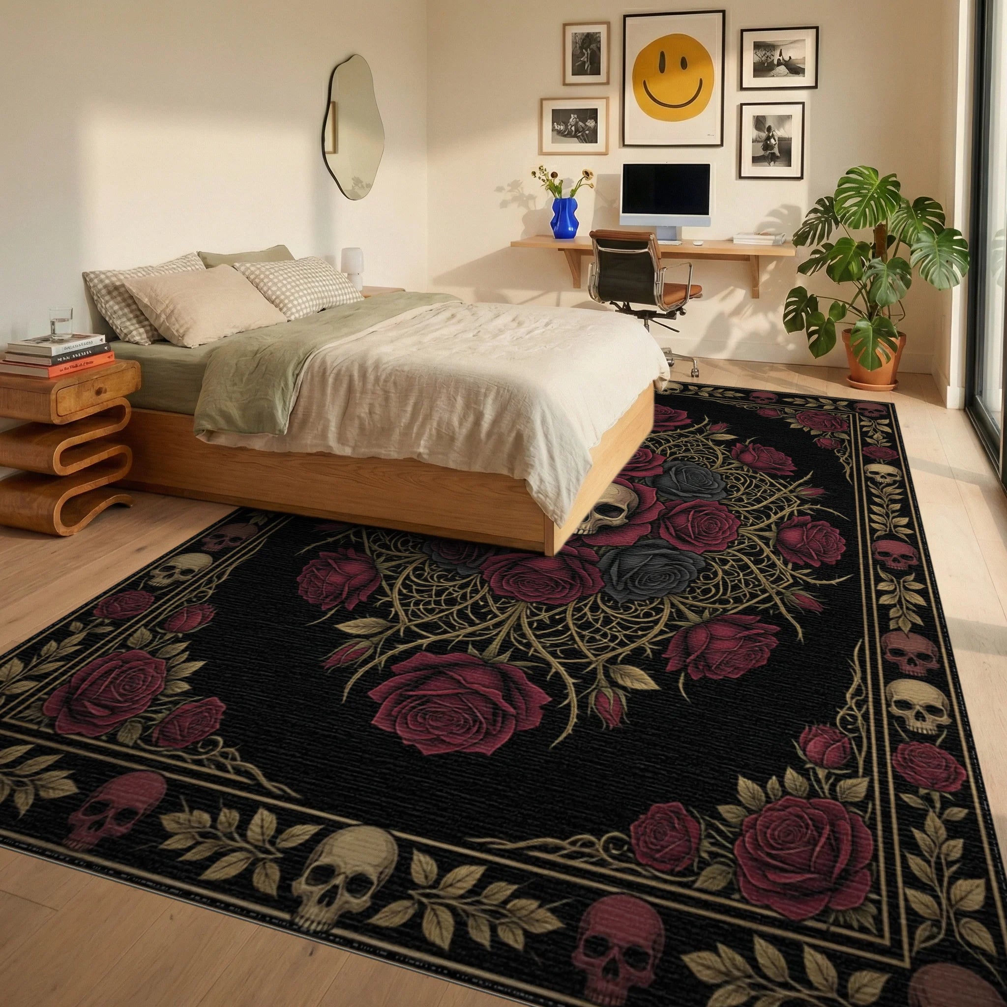 Maroon Black Gold Rug - bedroom