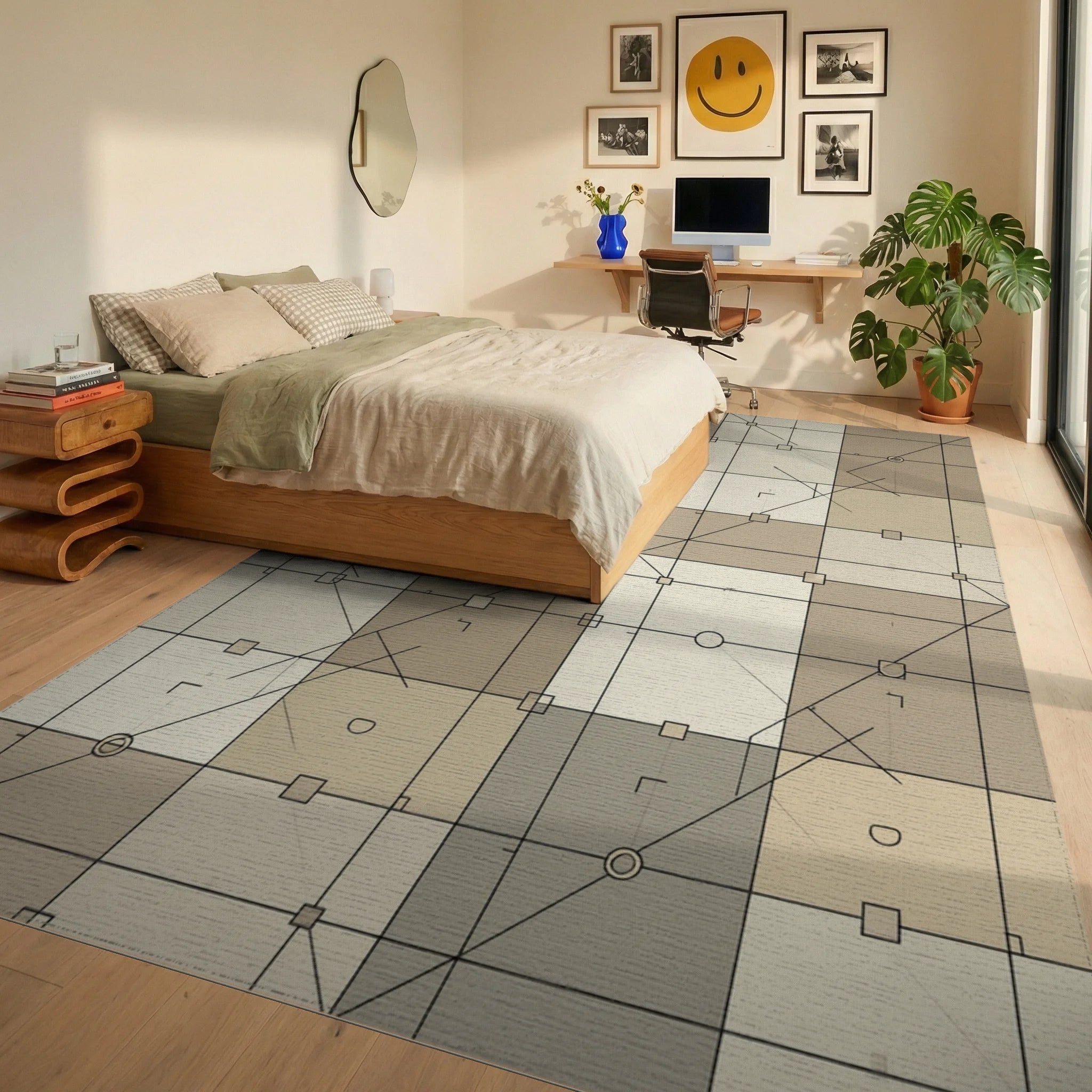 Neutral Geometric Grid Accent Rug - bedroom