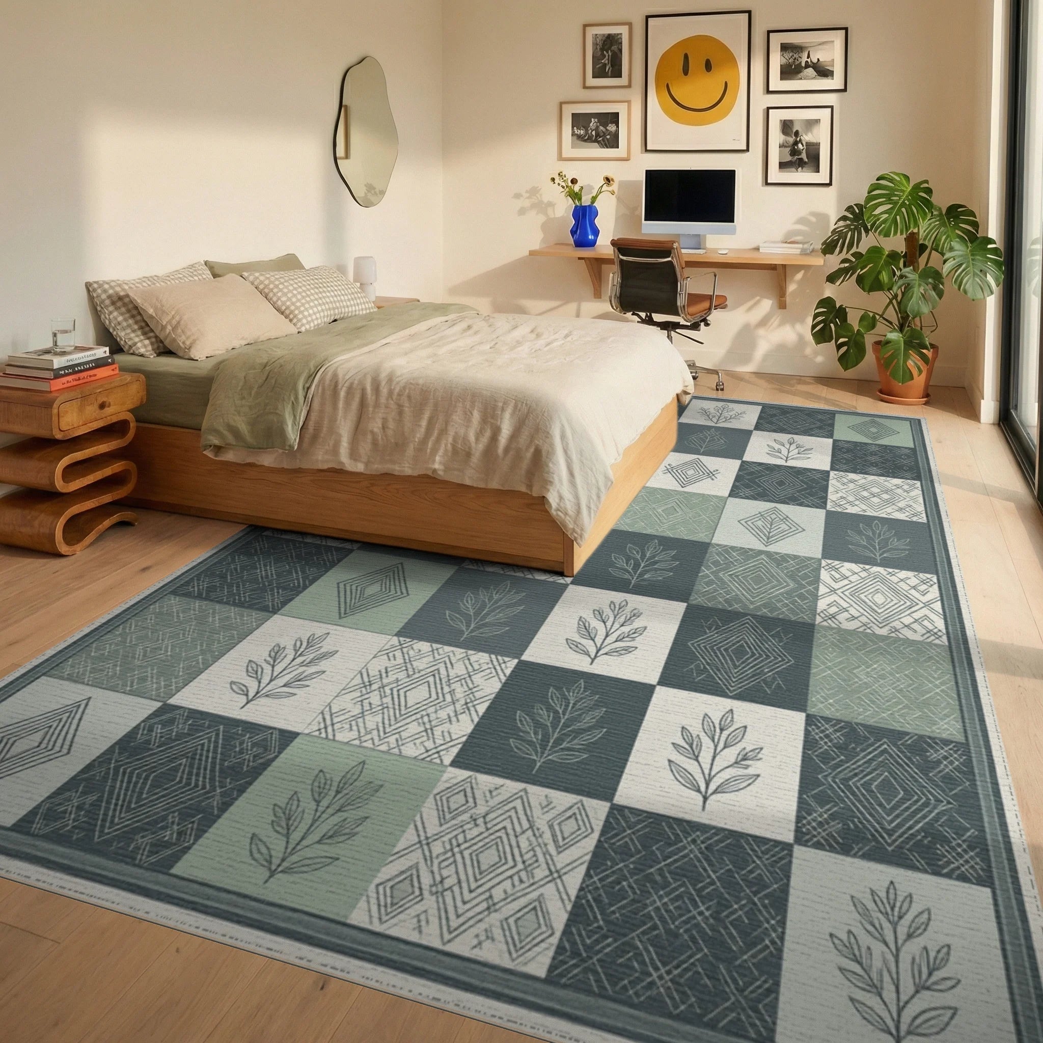 Green White Geometric Rug - bedroom
