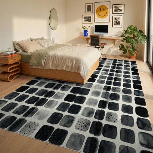 Black White Minimalist Rug - bedroom
