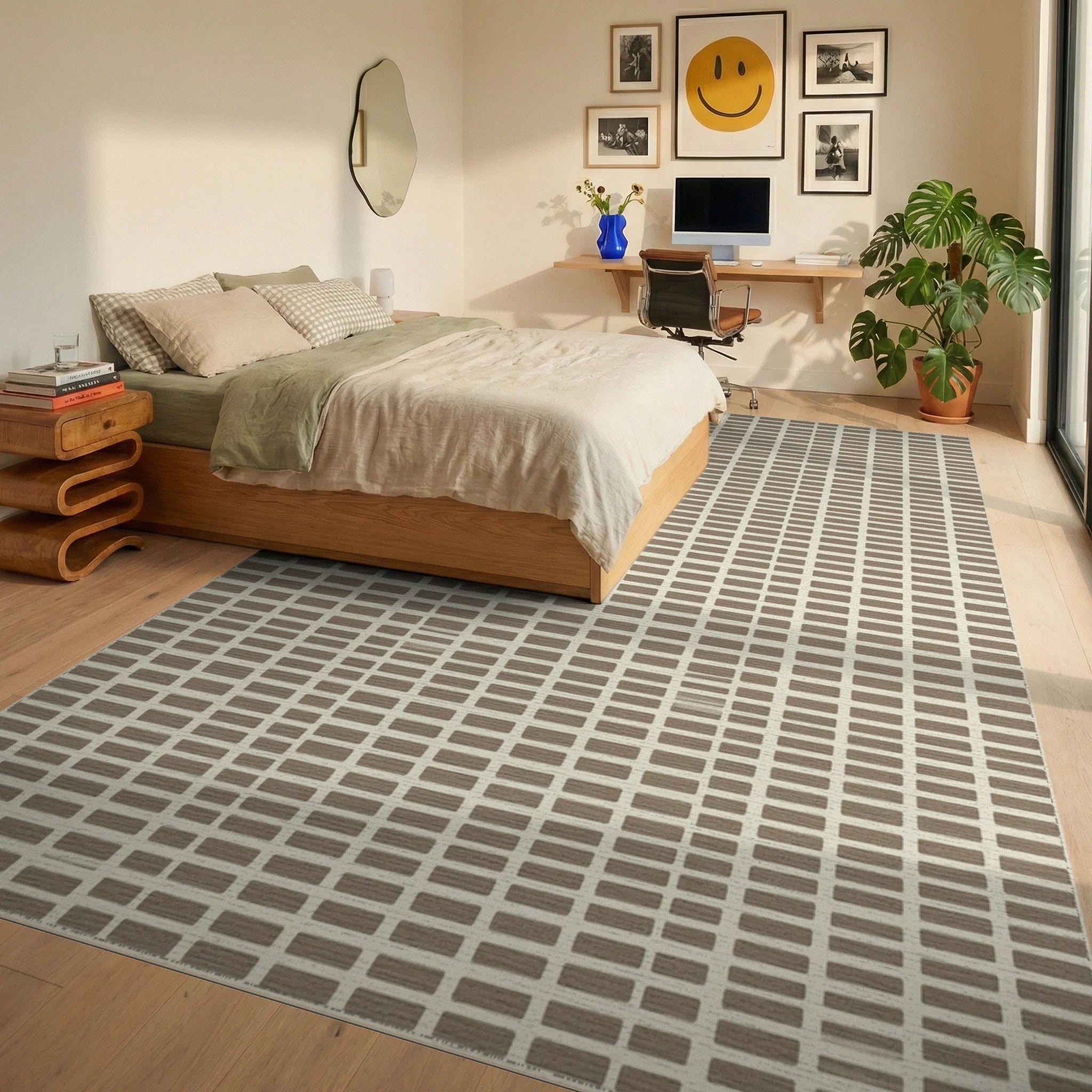 Cream White Geometric Rug - bedroom