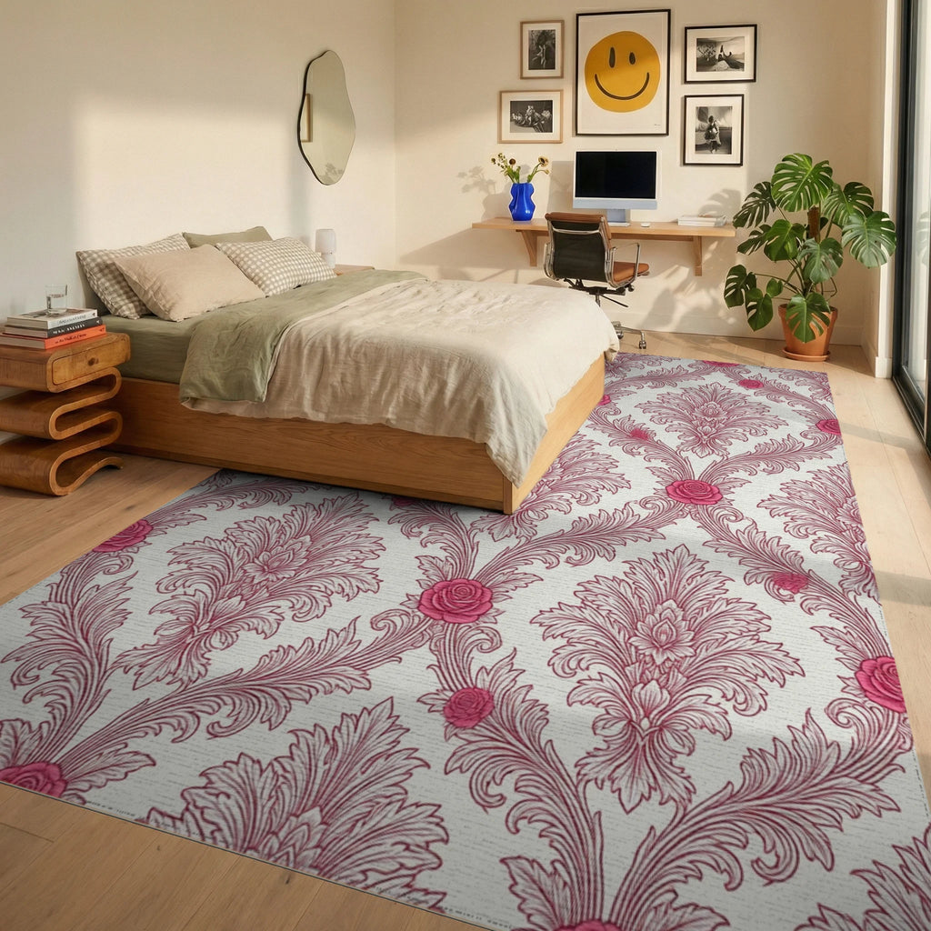 White Pink Floral Rug - bedroom