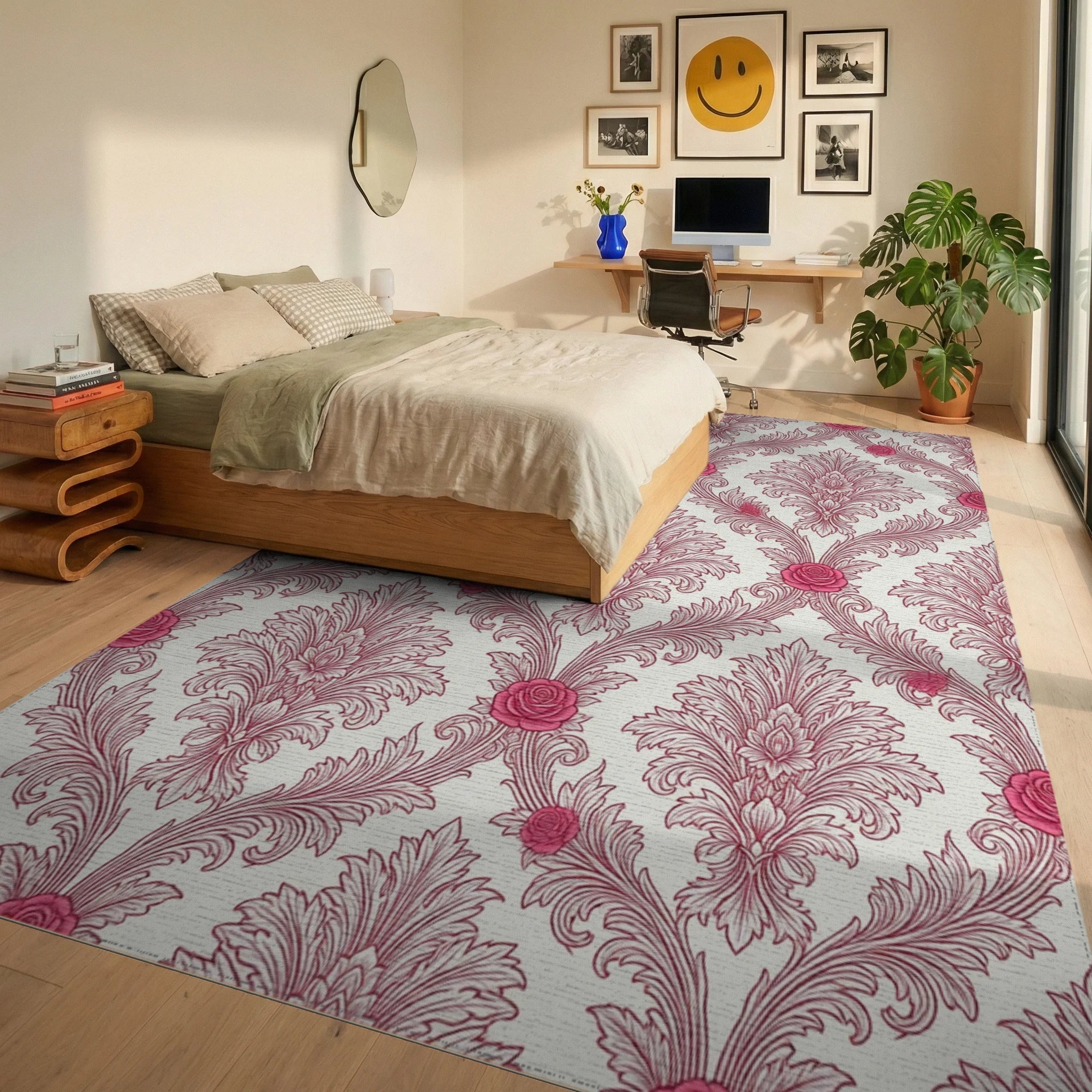 White Pink Floral Rug - bedroom