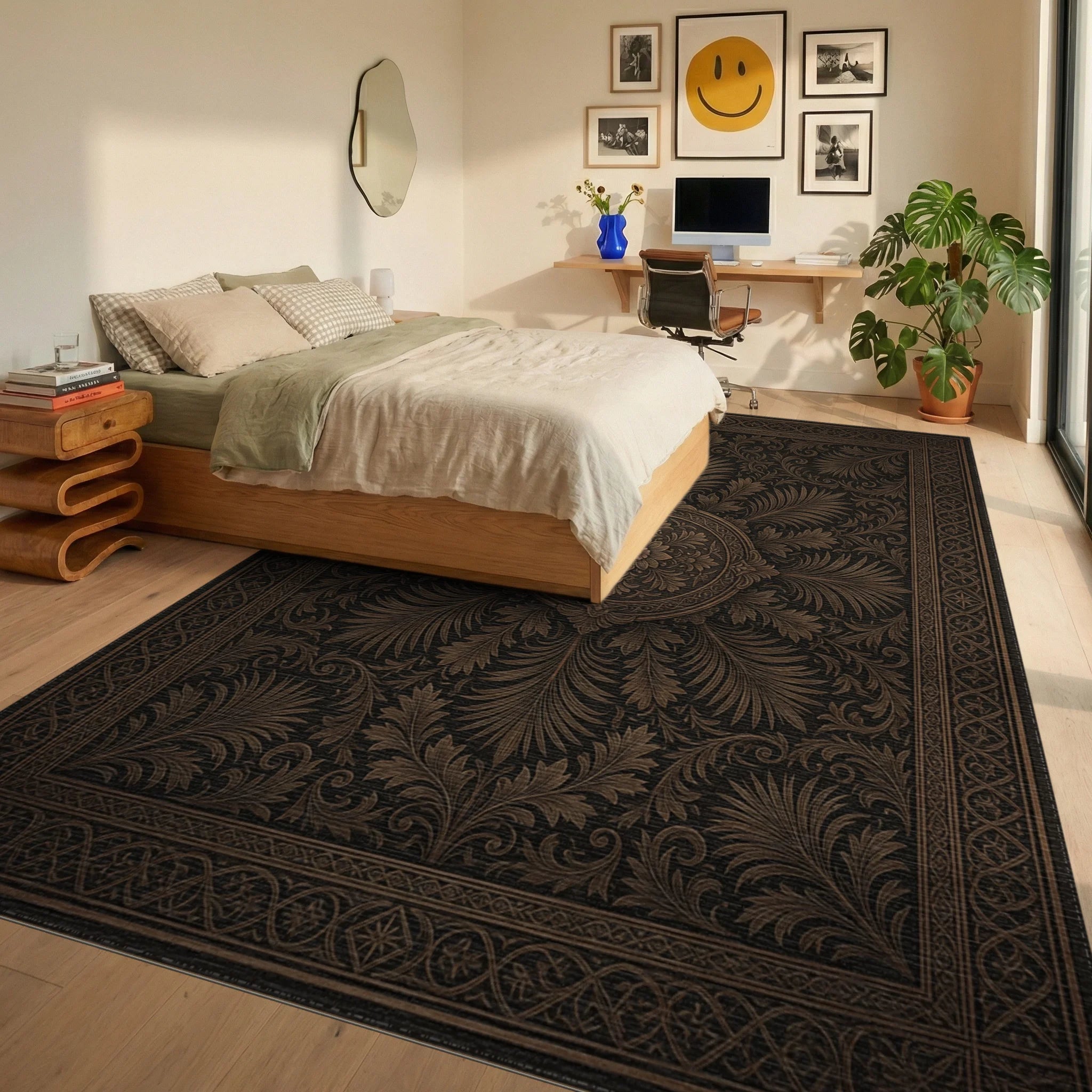 Brown Floral Geometric Rug - bedroom