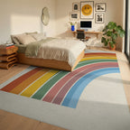 Geometric Rainbow Arc Cream Rug - bedroom