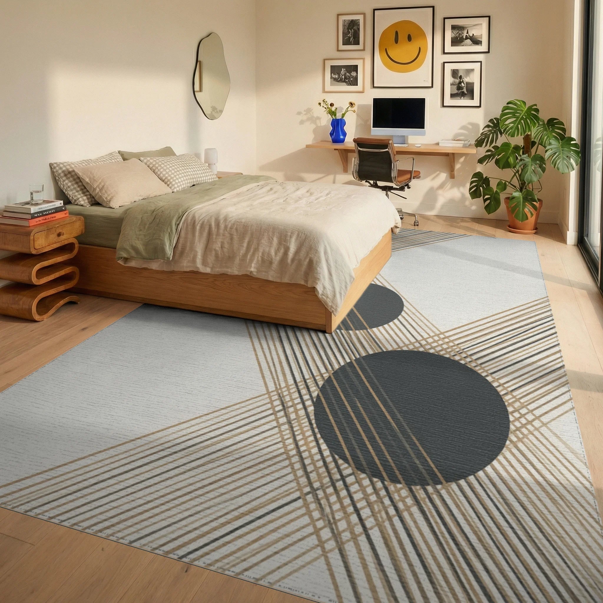 Gray White Geometric Rug - bedroom