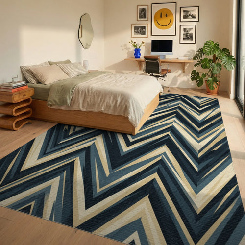Charcoal Slate Blue Geometric Grid Rug - bedroom