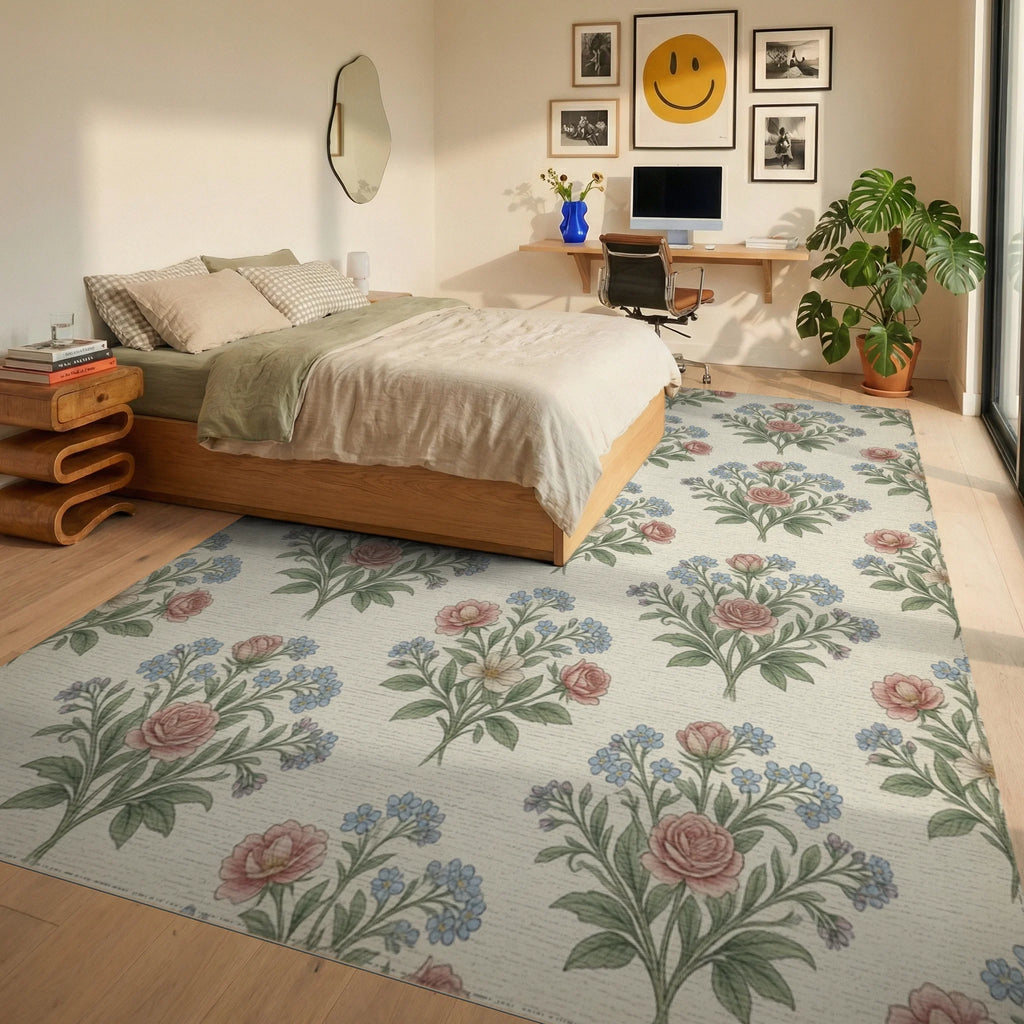 Cream Green Blue Rug - bedroom