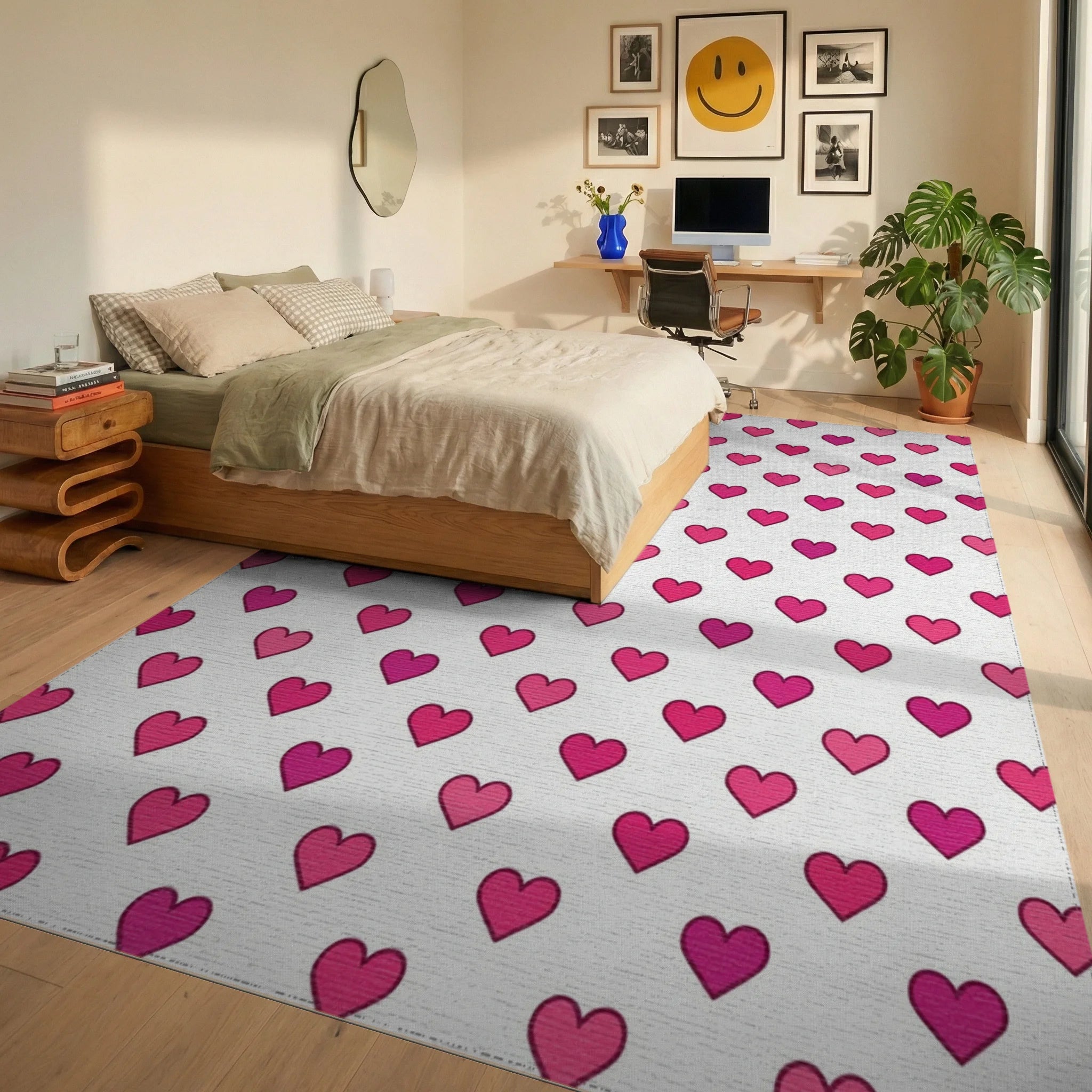 White Pink Minimalist Rug - bedroom