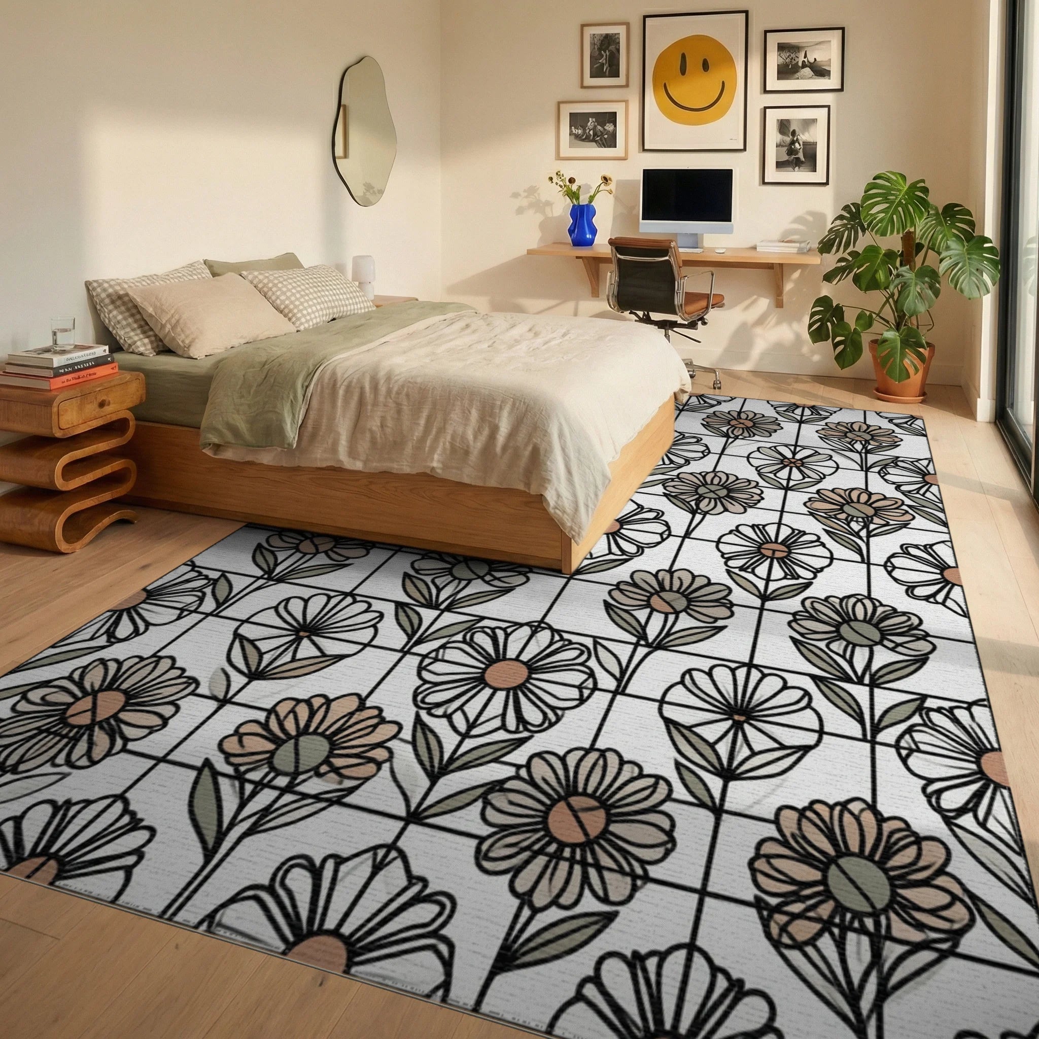 Floral Black White Rug - bedroom