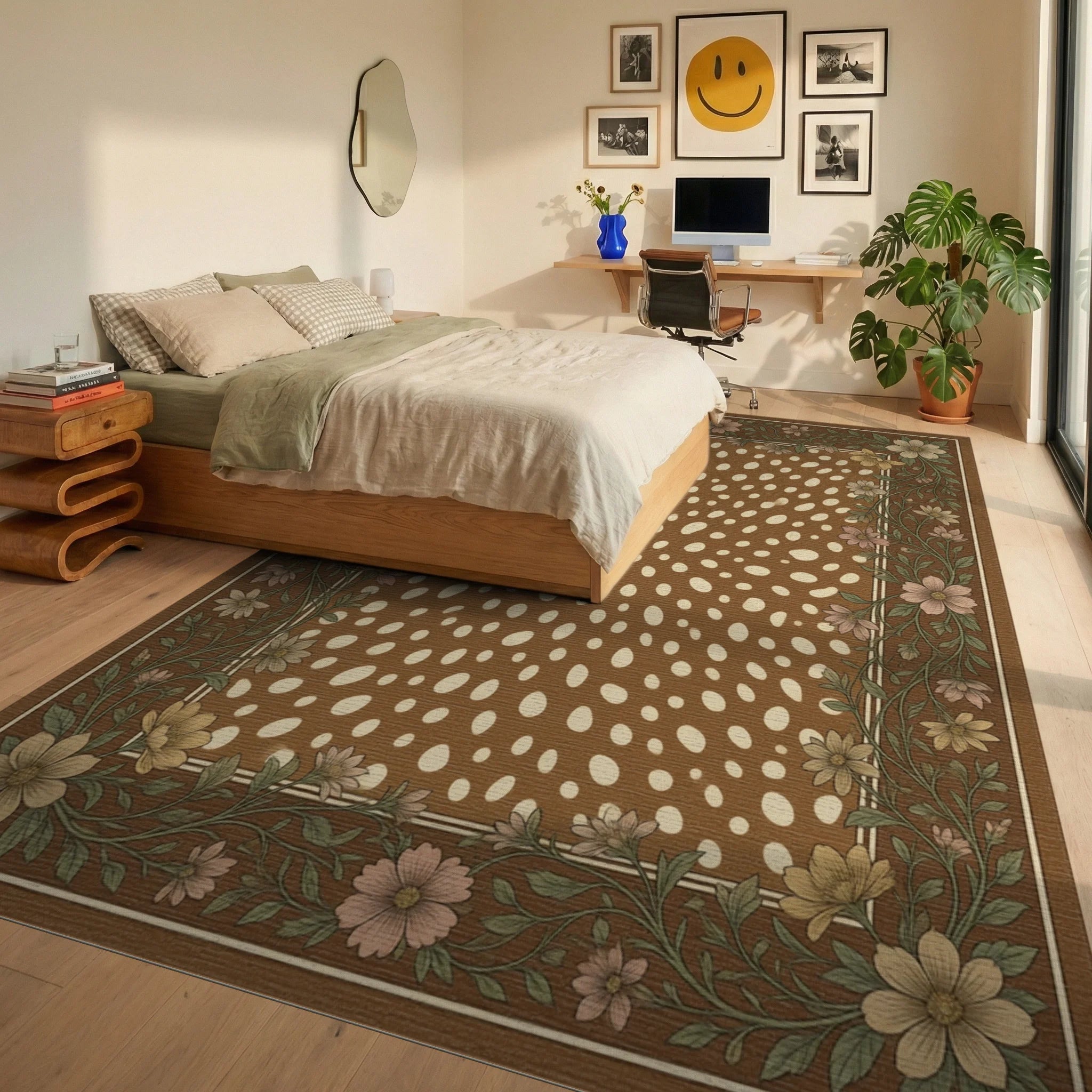 Cream Brown Green Rug - bedroom