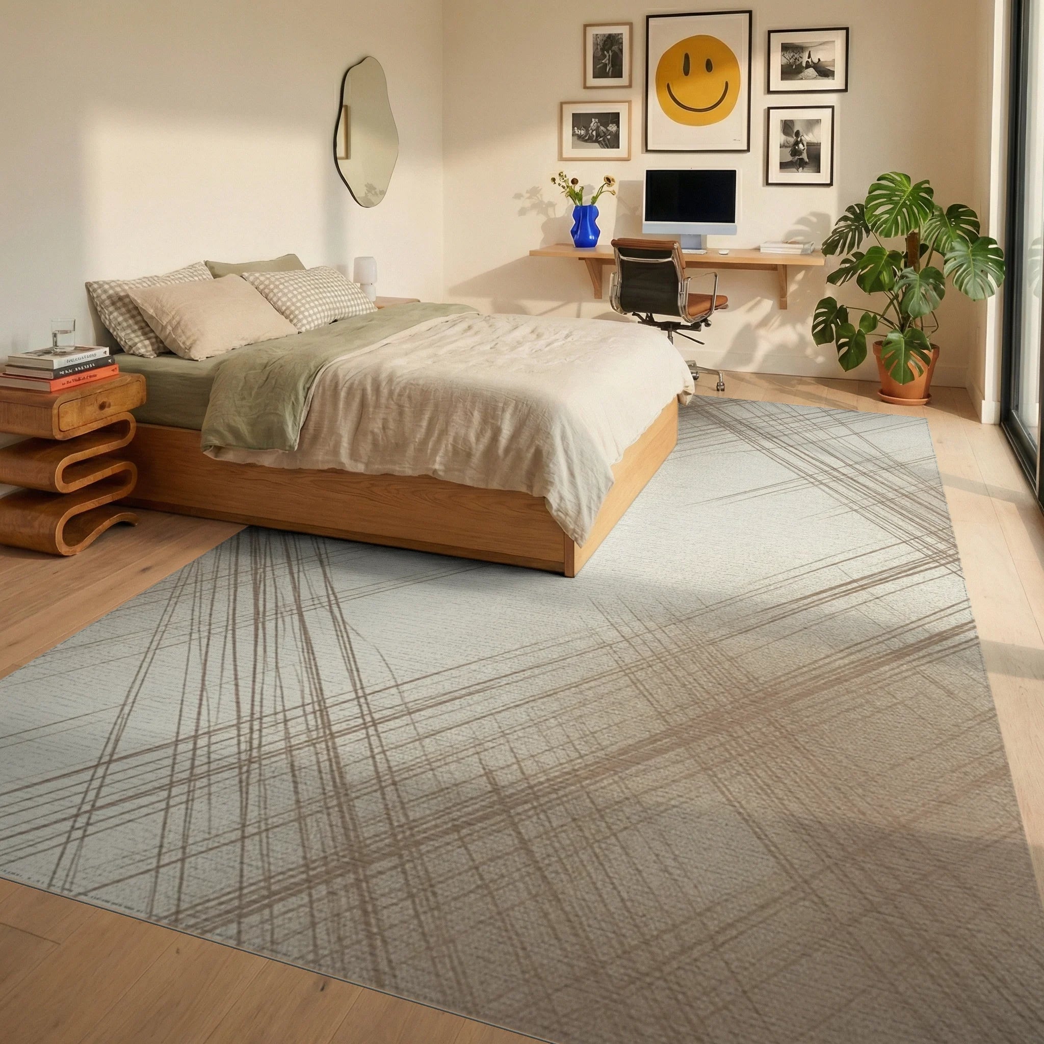 Cream White Abstract Rug - bedroom