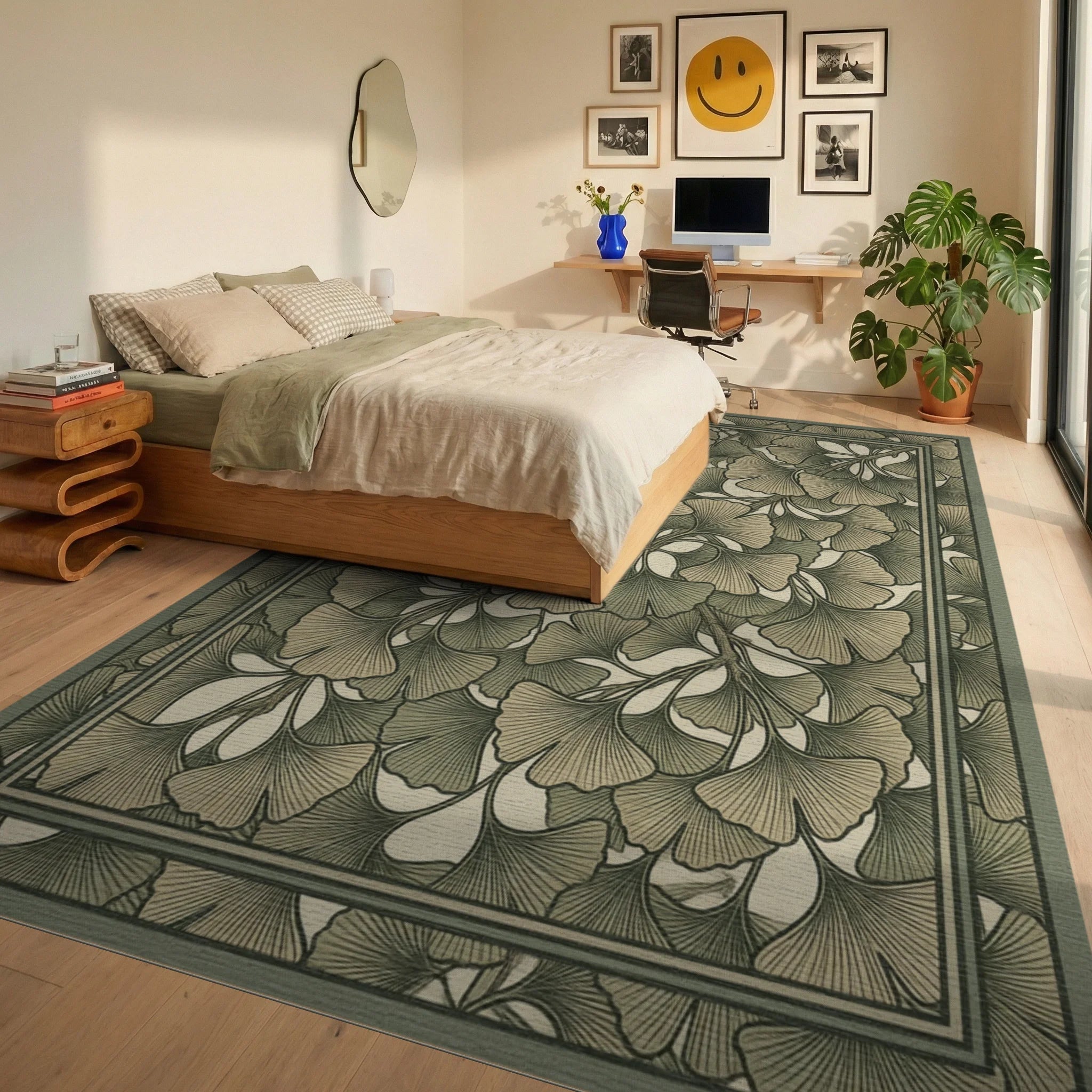 Green Traditional Floral Rug - bedroom