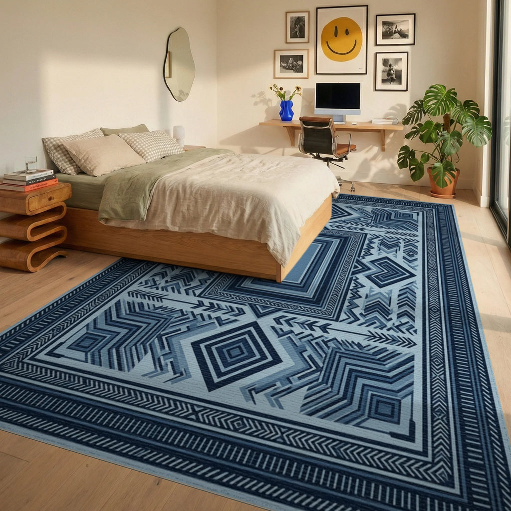 Symmetrical Indigo Geometric Folk Art Rug - bedroom