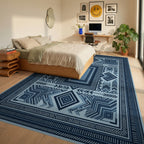 Symmetrical Indigo Geometric Folk Art Rug - bedroom