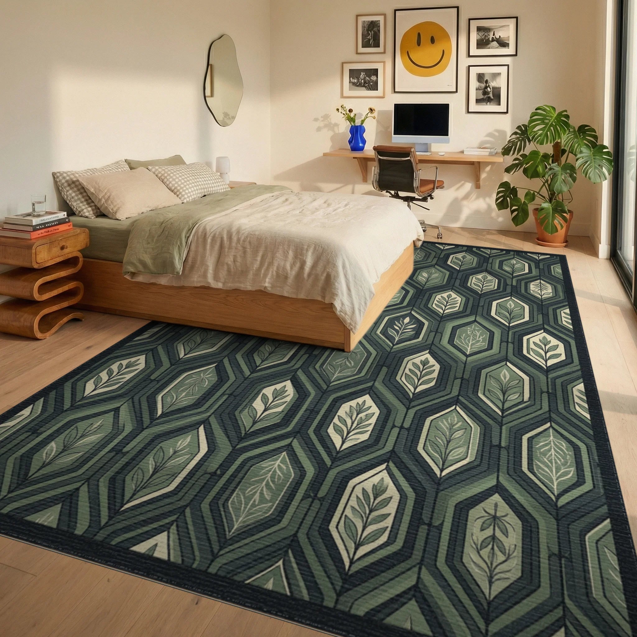 Minimalist Charcoal and Sage Hexagon Rug - bedroom