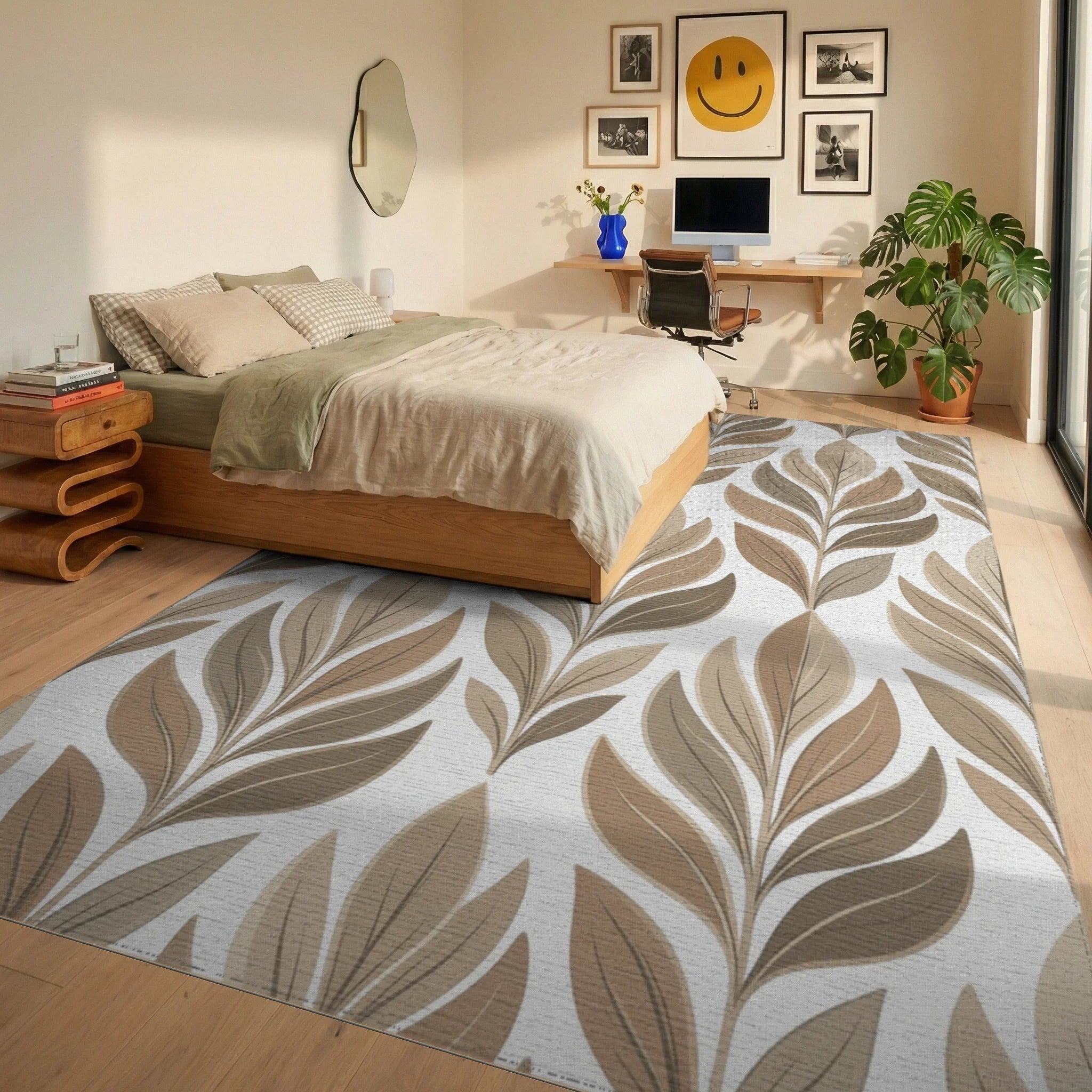 White Beige Minimalist Rug - bedroom