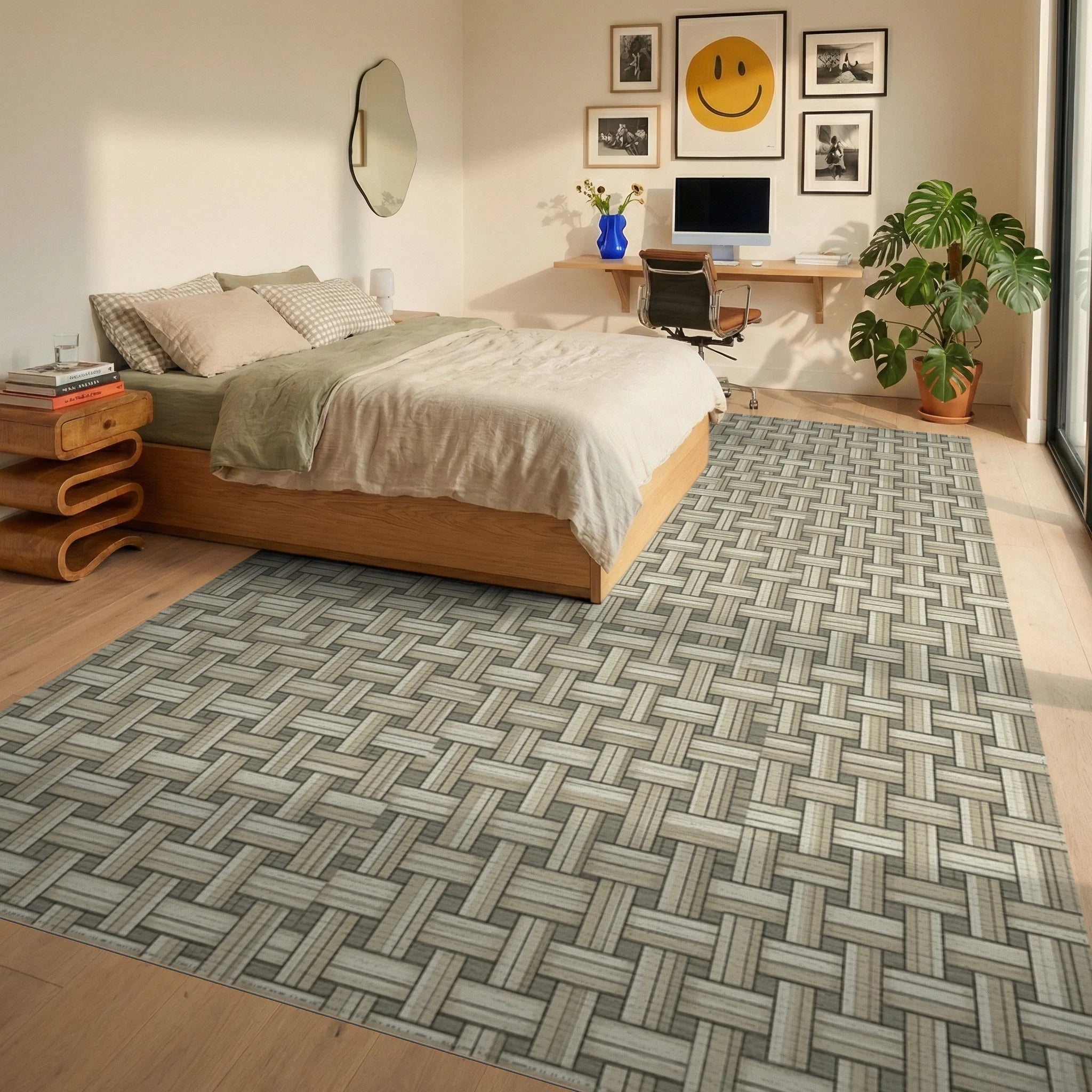 Cream Beige Geometric Rug - bedroom