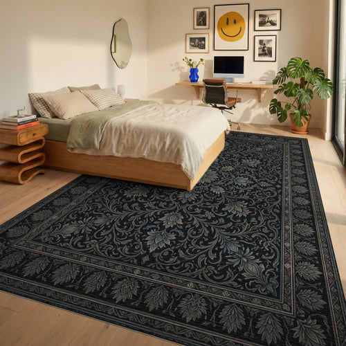Black Blue Mauve Rug - bedroom