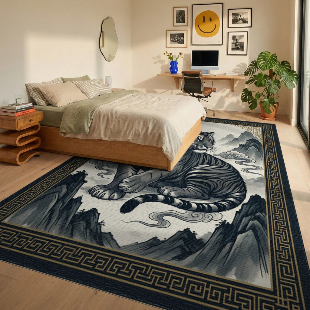 Charcoal Tiger Mountain Ink Area Rug - bedroom