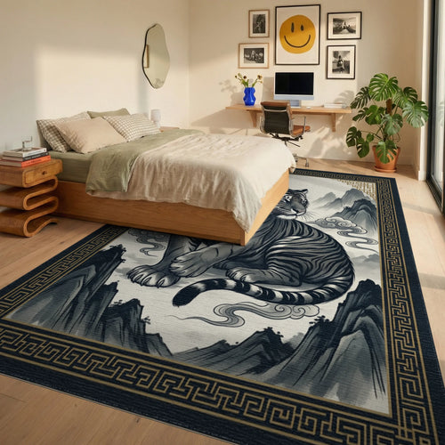 Charcoal Tiger Mountain Ink Area Rug - bedroom