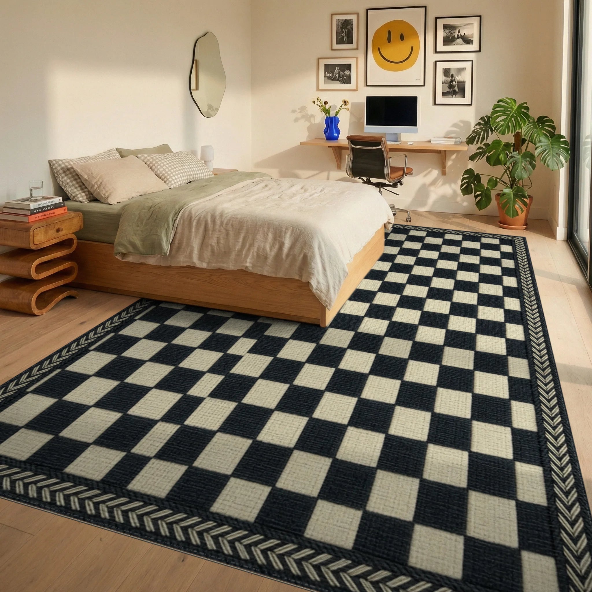 Gray Cream Geometric Rug - bedroom