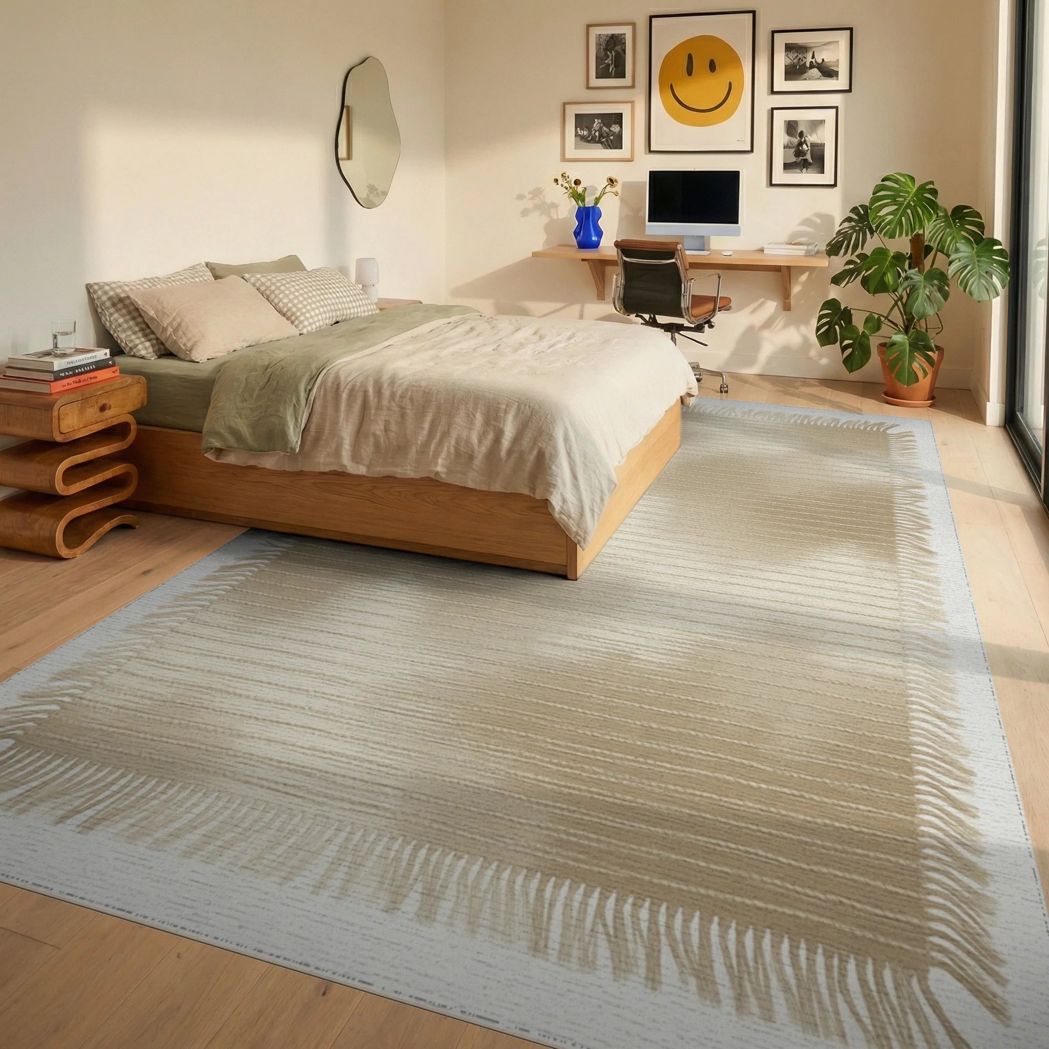 Beige Minimalist Geometric Rug - bedroom