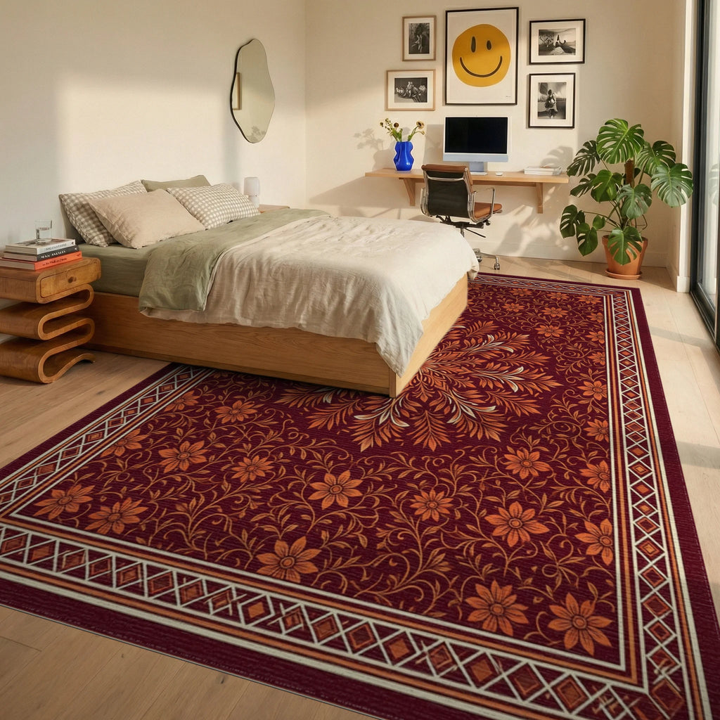 Crimson Orange Coral Rug - bedroom